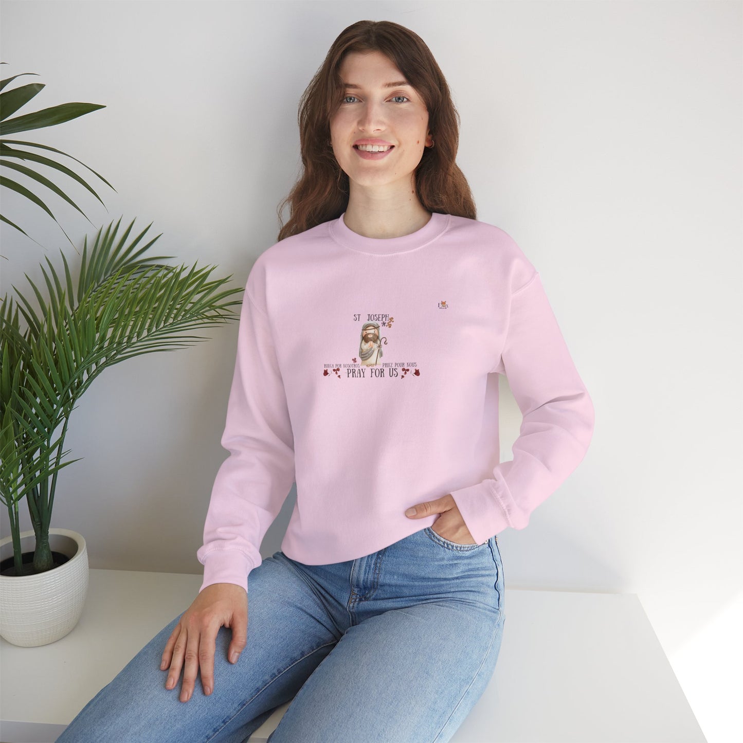 St-Joseph Pray for Us- Flowers [Eng, French]-  Crewneck Sweatshirt