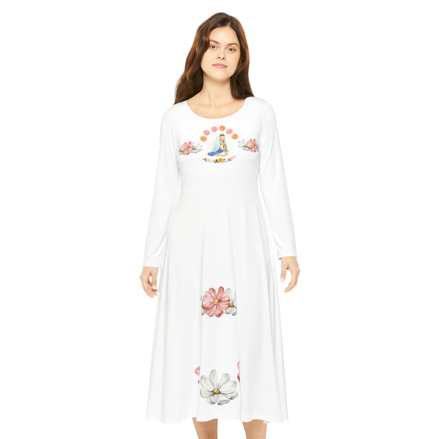 Holy Mary surrounded By Flowers  -Long Sleeve Dress Christian Collection
